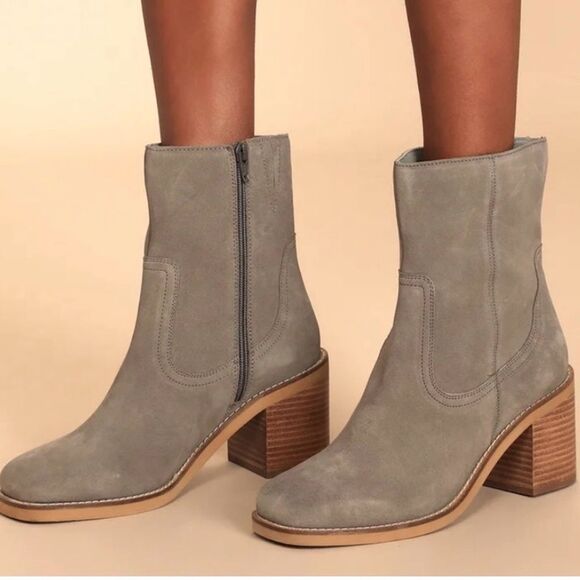 Seyshells leather suede grey chunky heel boot tie zip up 7 - Picture 1 of 5